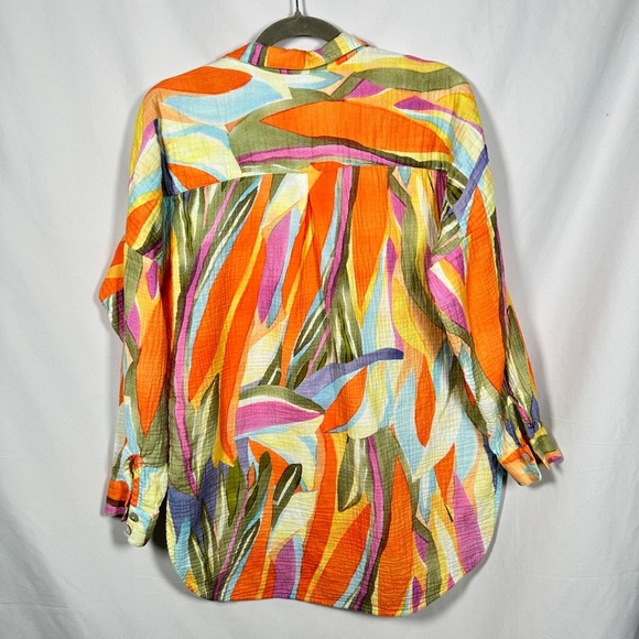 Soft Surroundings abstract gauze cotton relaxed button front shirt top M orange - Picture 9 of 11